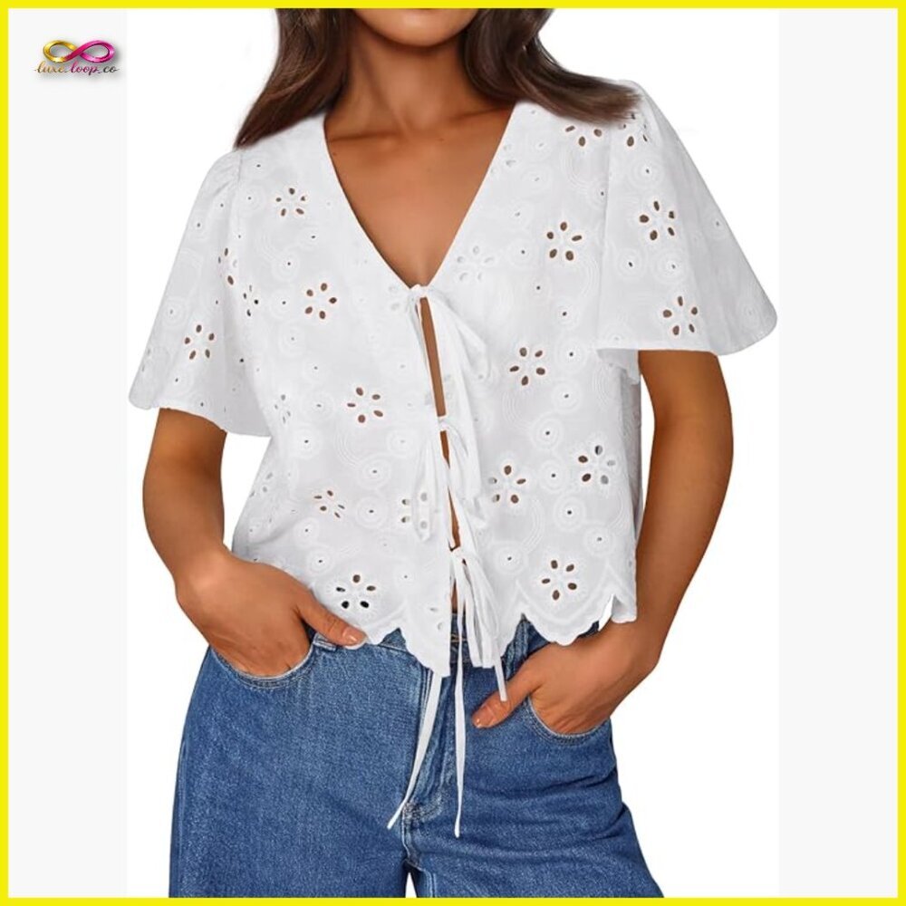 Boho Eyelet Embroidered Blouse Tie Front Cropped Top Summer Beach Wear
